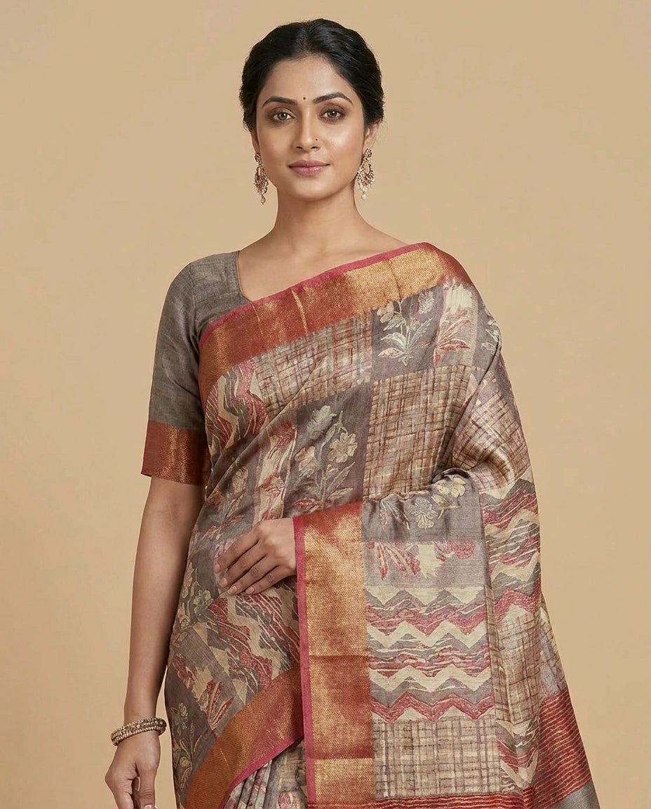 Tussar Silk Saree with Ethnic Block-Style Digital Print view 4