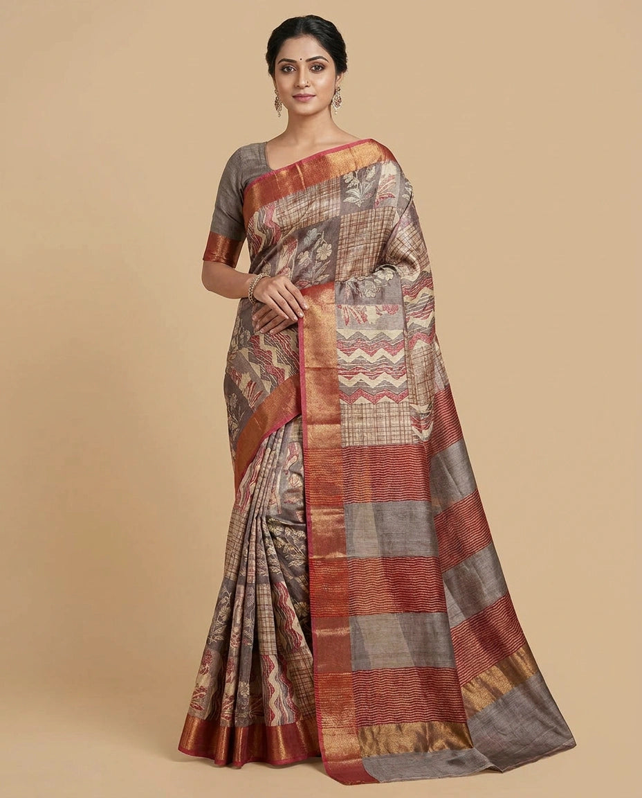 Maroon Tussar Silk Saree with Ethnic Block-Style Digital Print