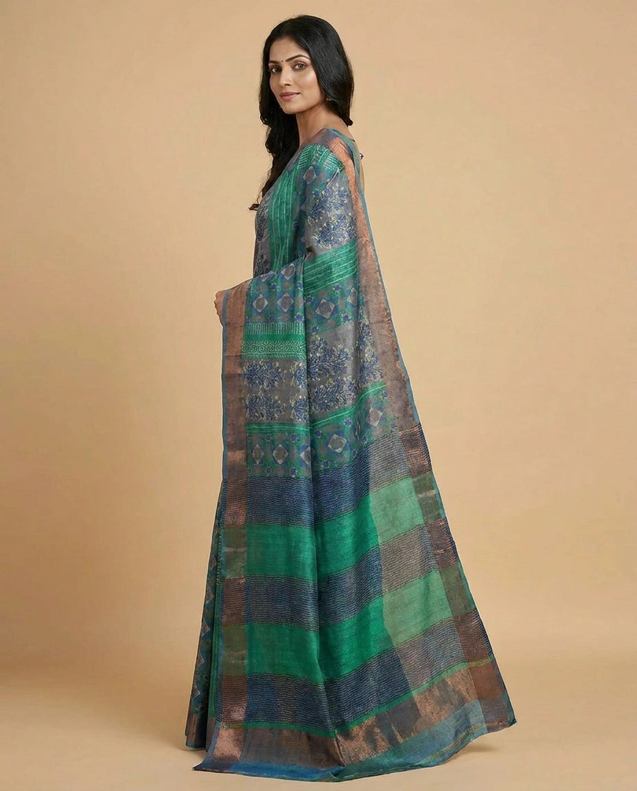 Tussar Silk Saree with Geometric Digital Print Motif Work view 2