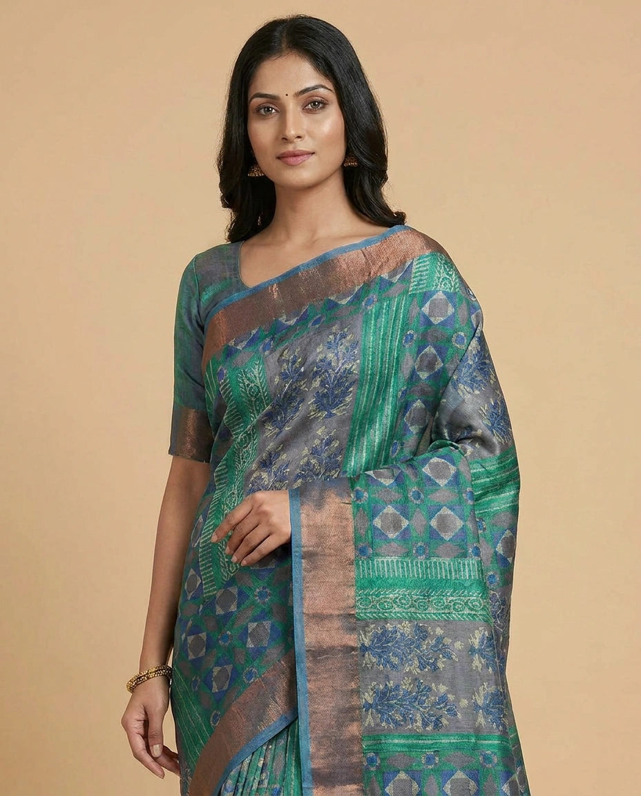 Tussar Silk Saree with Geometric Digital Print Motif Work view 4