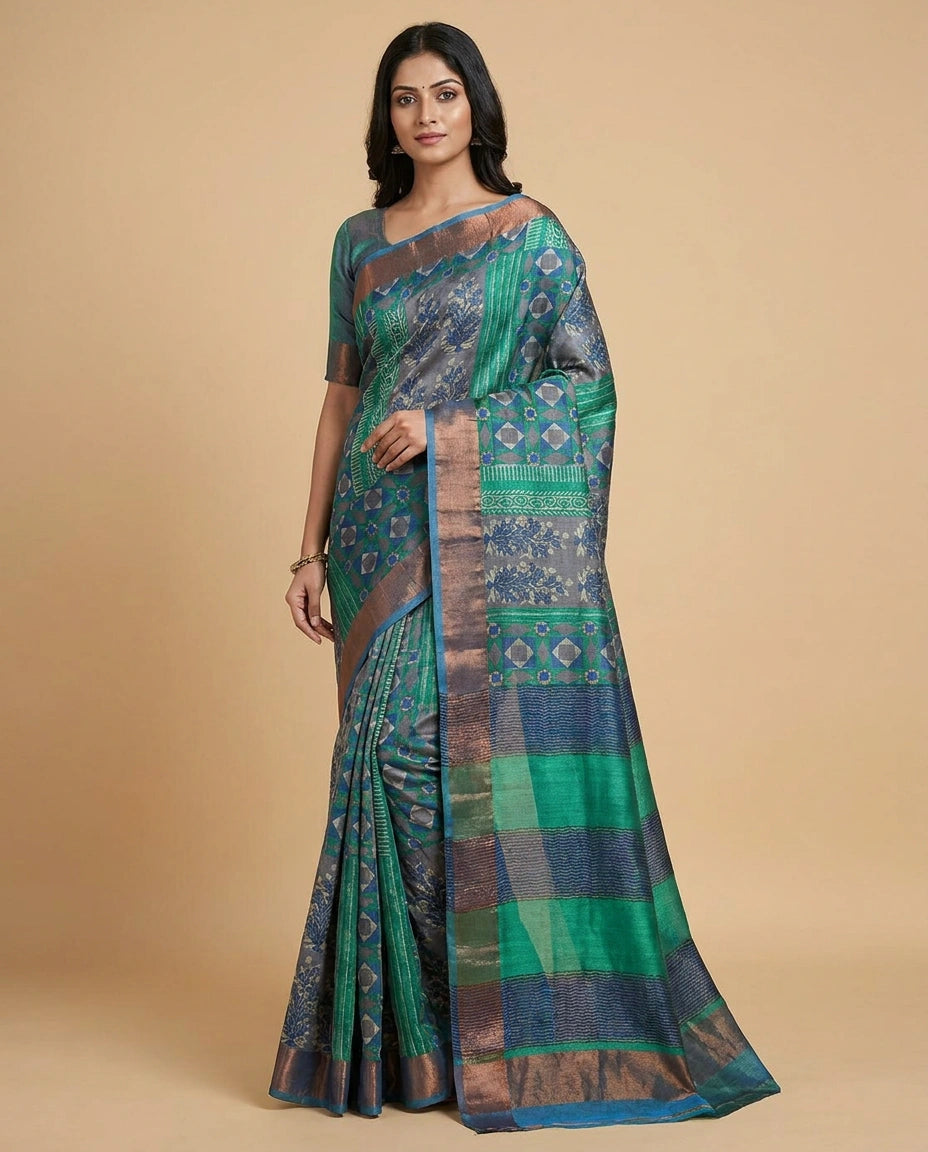 Grey Tussar Silk Saree with Geometric Digital Print Motif Work