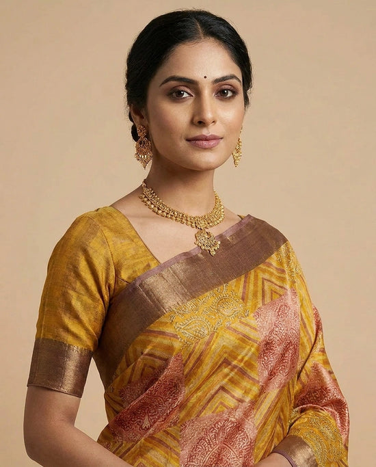 Mustard Tussar Silk Saree with Digital Print