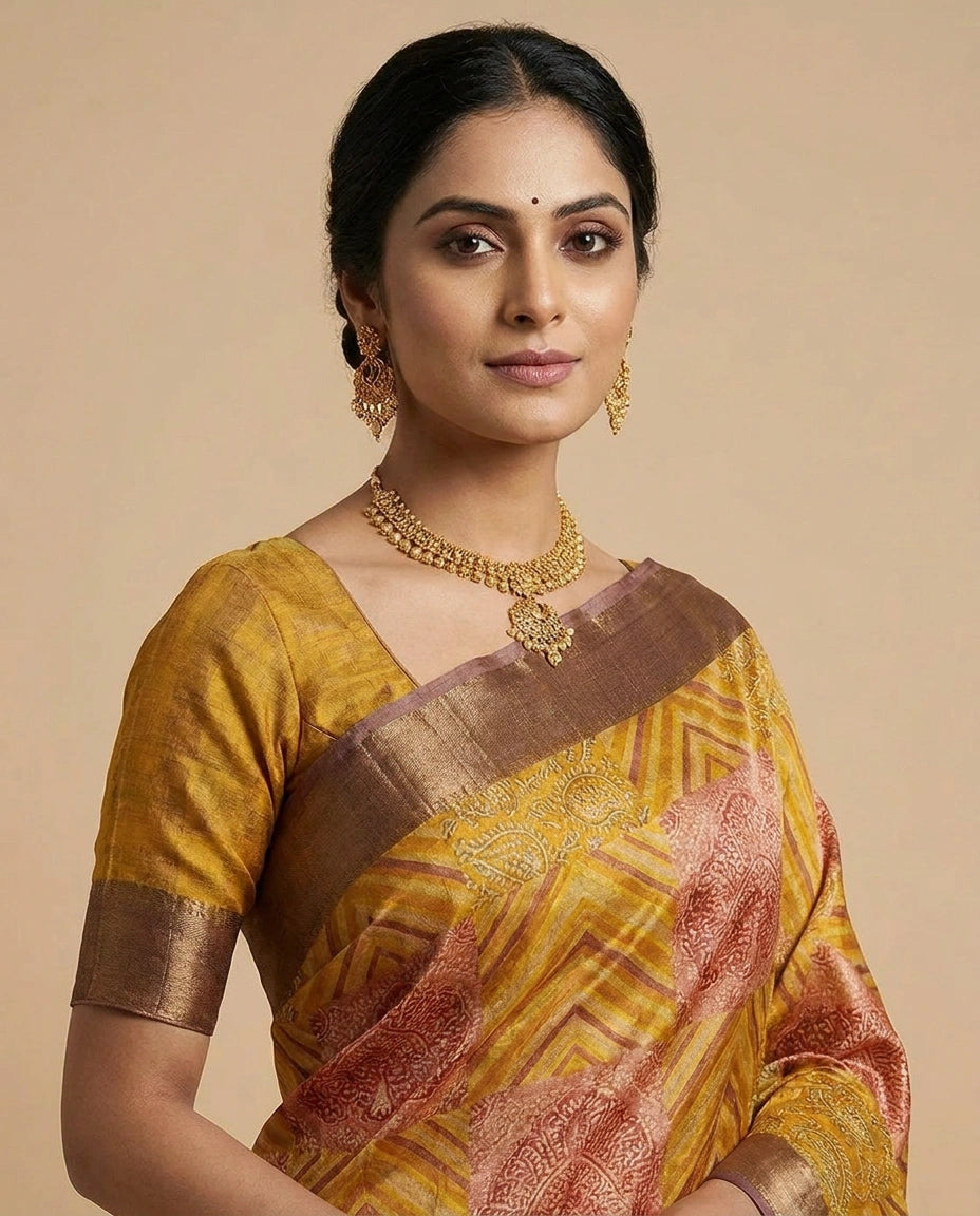 Tussar Silk Saree with Artistic Digital Print and Pallu view 4