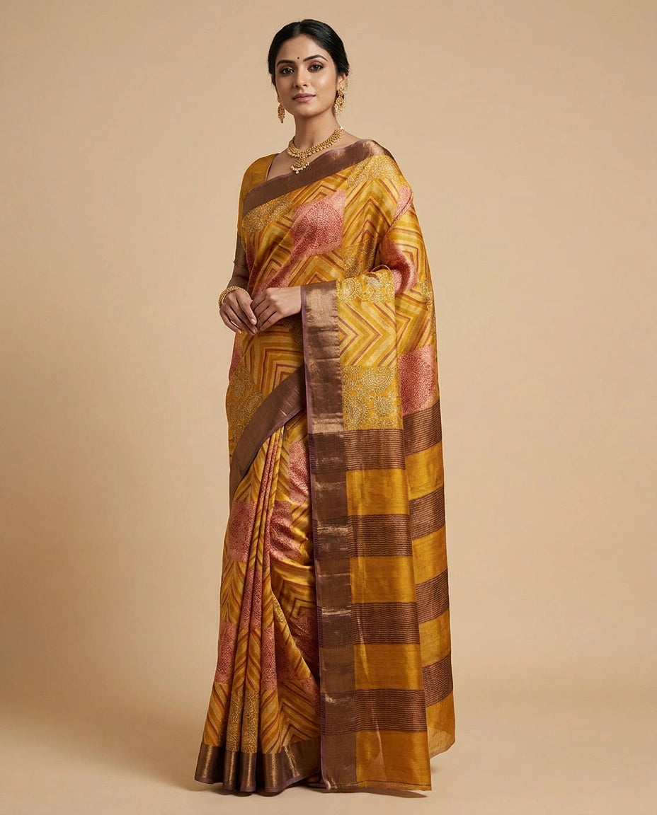 Grey Tussar Silk Saree with Artistic Digital Print and Pallu