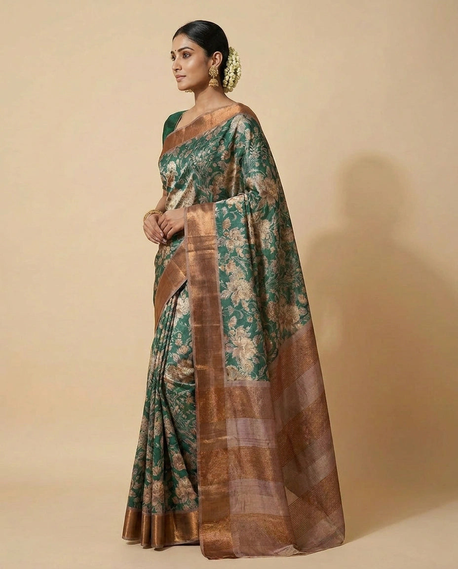 Tussar Silk Saree with All-Over Floral Digital Print Work view 2