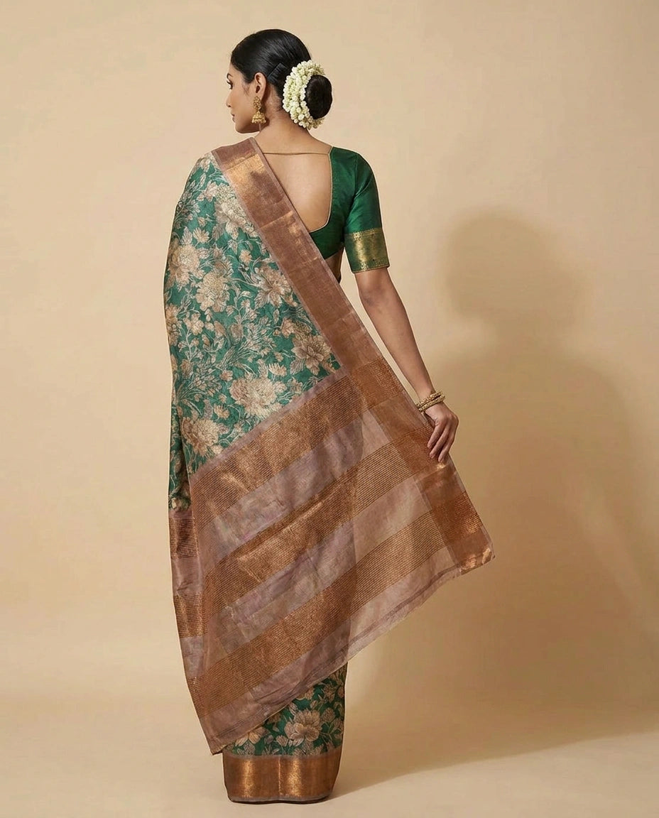 Tussar Silk Saree with All-Over Floral Digital Print Work view 3