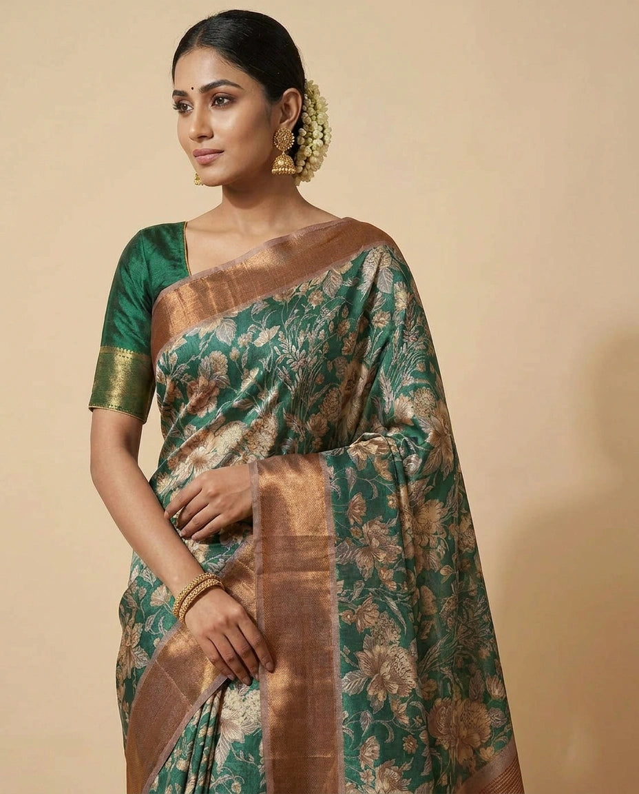 Tussar Silk Saree with All-Over Floral Digital Print Work view 4