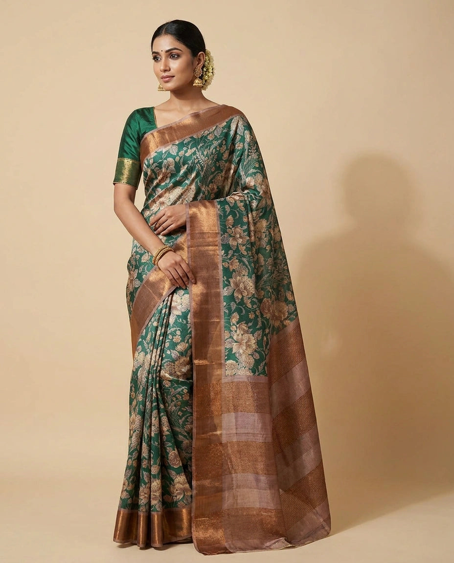 Rama Blue Tussar Silk Saree with All-Over Floral Digital Print Work