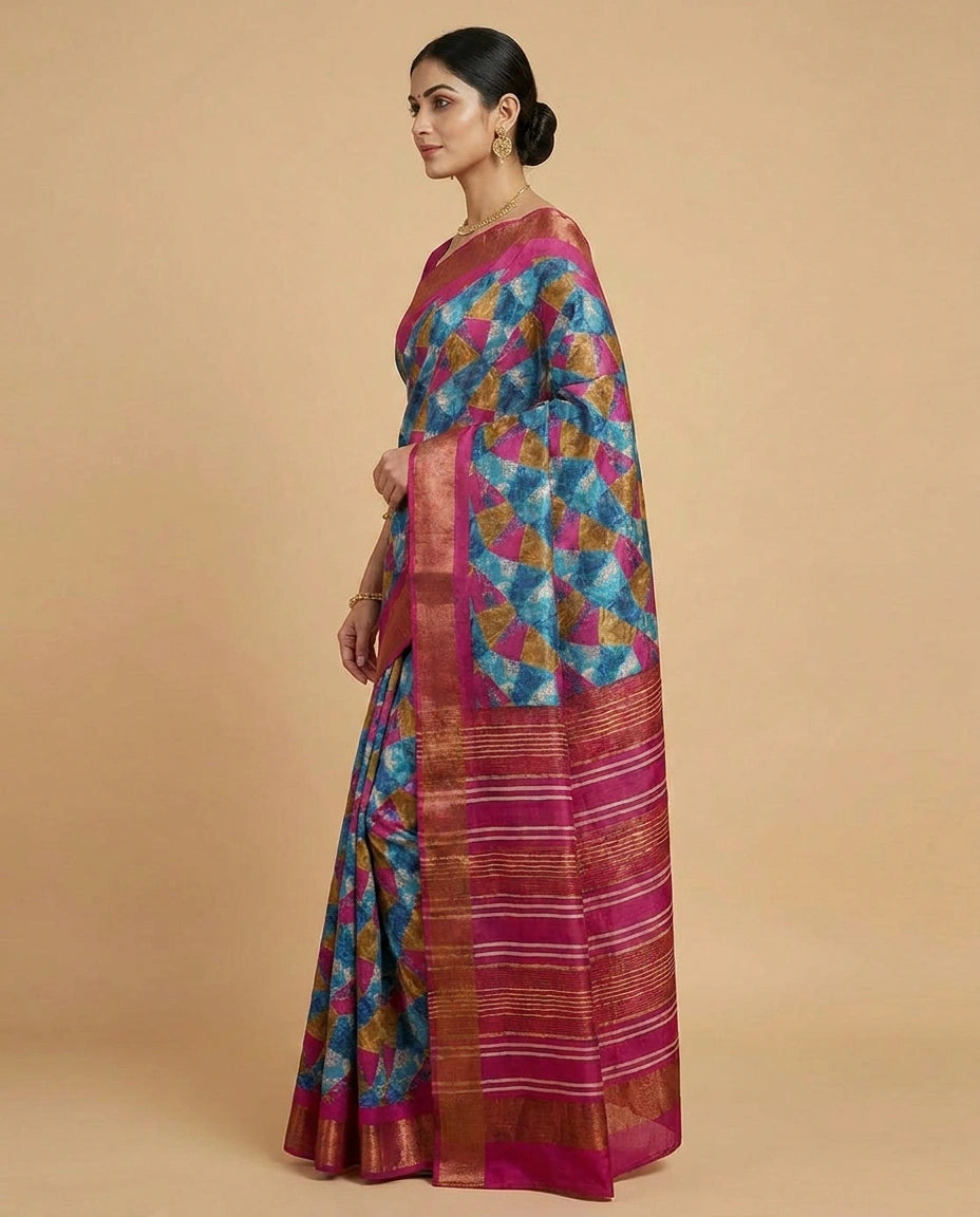 Natural Tussar Silk Saree with Digital Print and Contrast Pallu view 2
