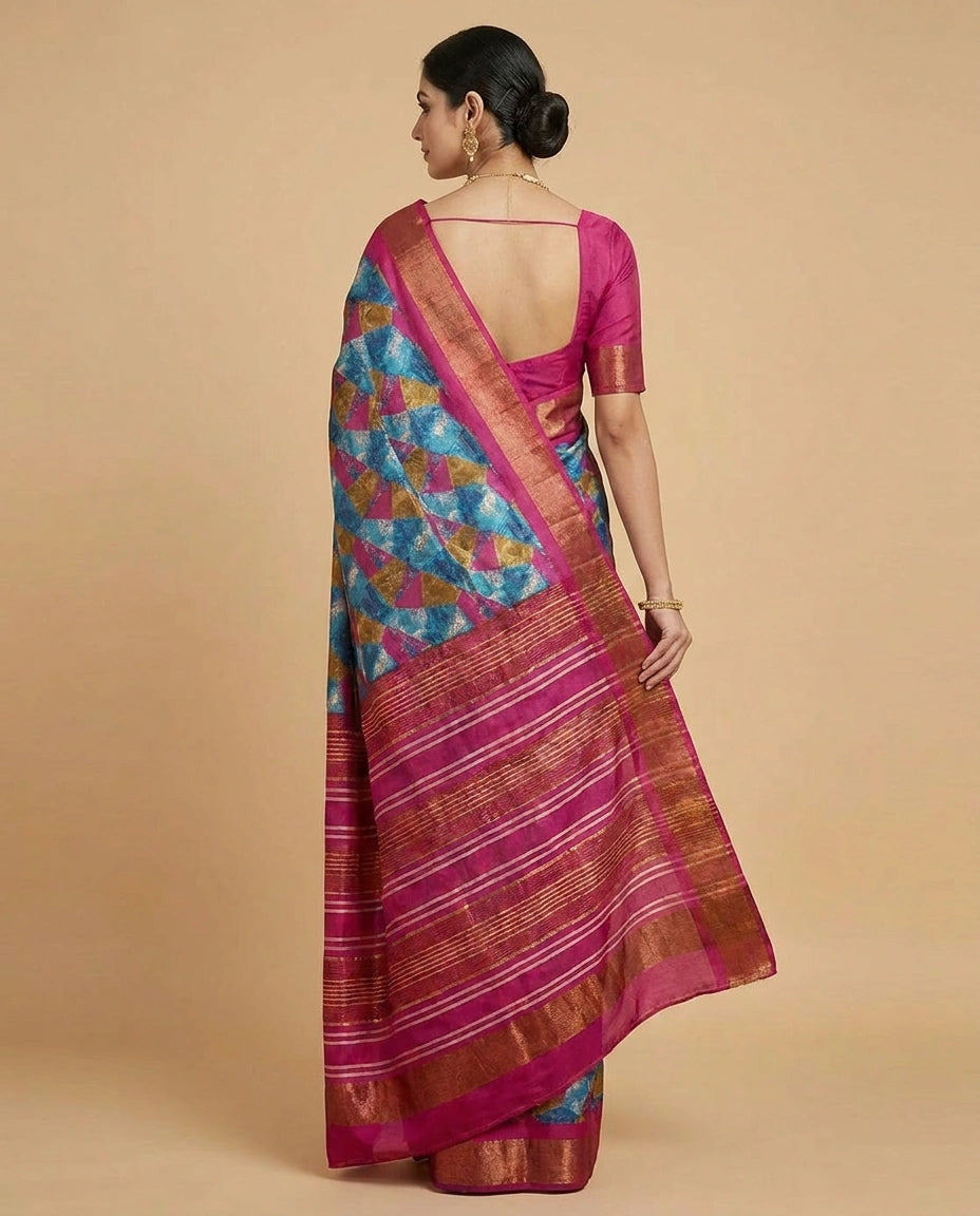 Natural Tussar Silk Saree with Digital Print and Contrast Pallu view 3