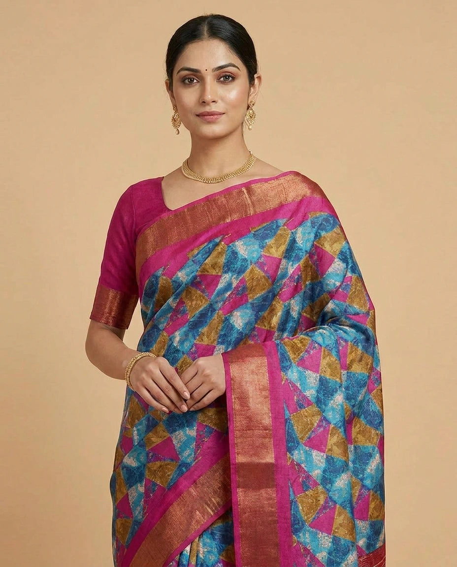 Natural Tussar Silk Saree with Digital Print and Contrast Pallu view 4
