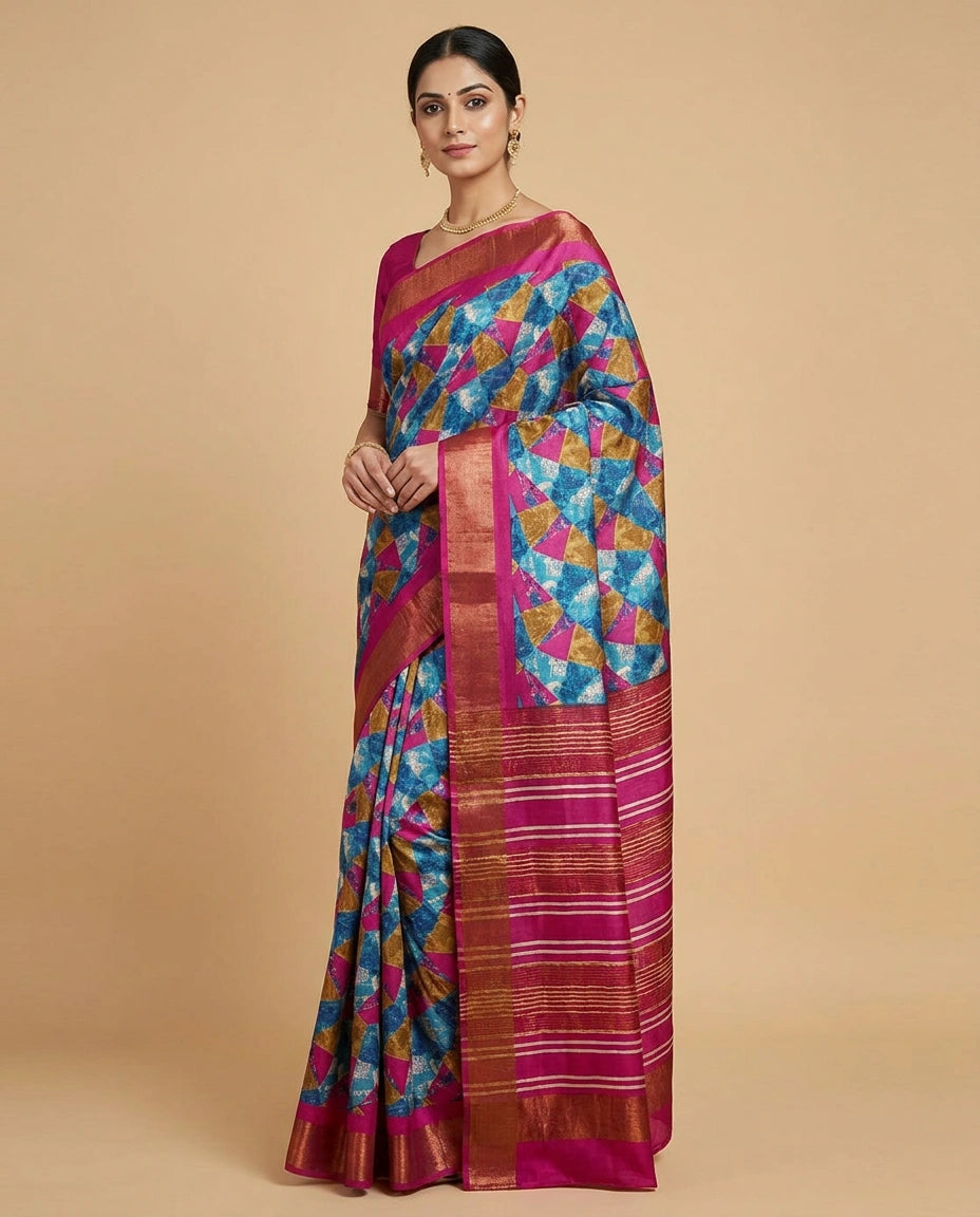 Rani Natural Tussar Silk Saree with Digital Print and Contrast Pallu