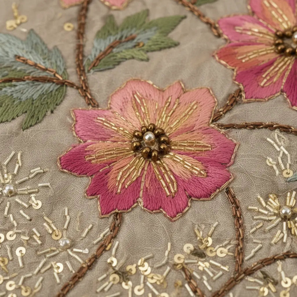 Close-up of embroidered floral design with pink flowers and gold accents on a beige background.