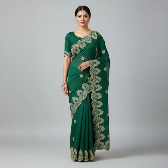 Embroidered Satin Silk Saree with Zari Work - satin; silk Indian ethnic wear by Rangoli