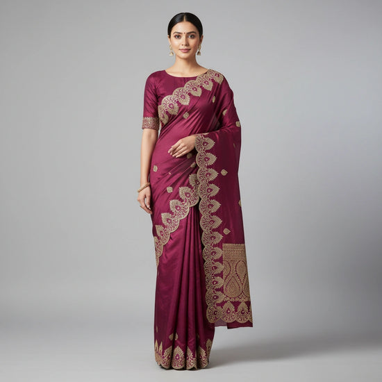 Embroidered Satin Silk Saree with Zari Work - satin; silk Indian ethnic wear by Rangoli