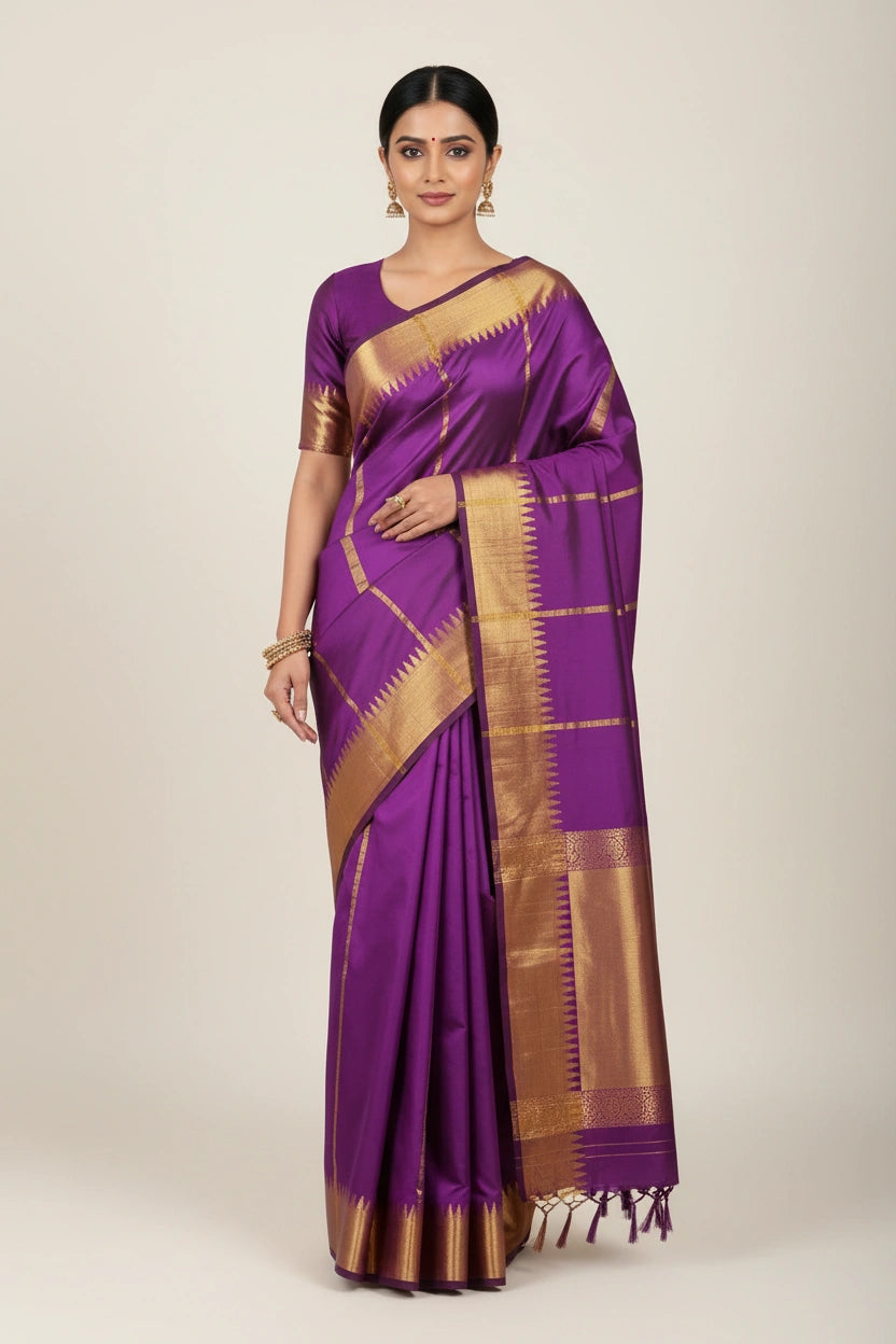 South Silk Saree with Temple Piping Border and Zari Work | Rangoli