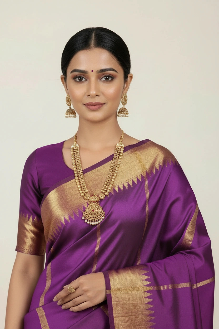 South Silk Saree with Temple Piping Border and Zari Work - View 2 | Rangoli