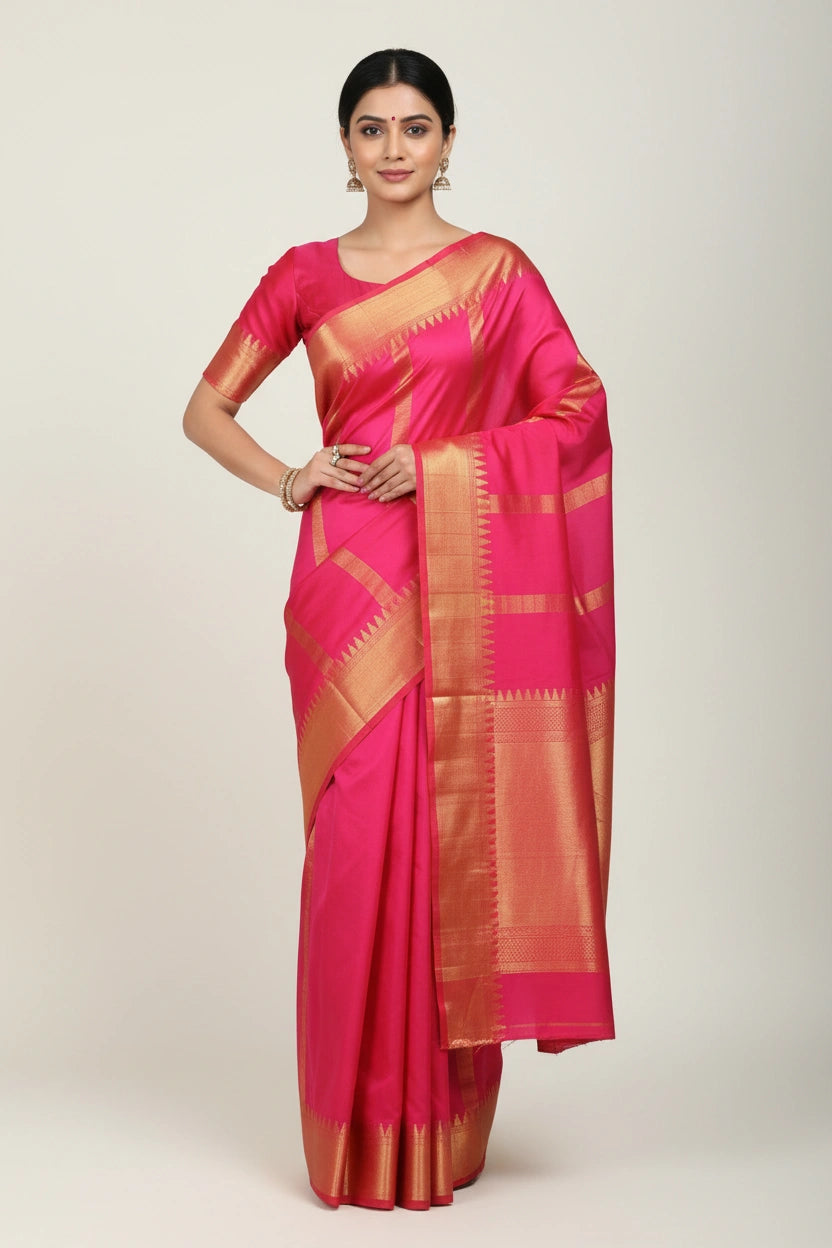 Handcrafted Pure Silk Katan South Indian Woven Silk Saree - Rani | Rangoli