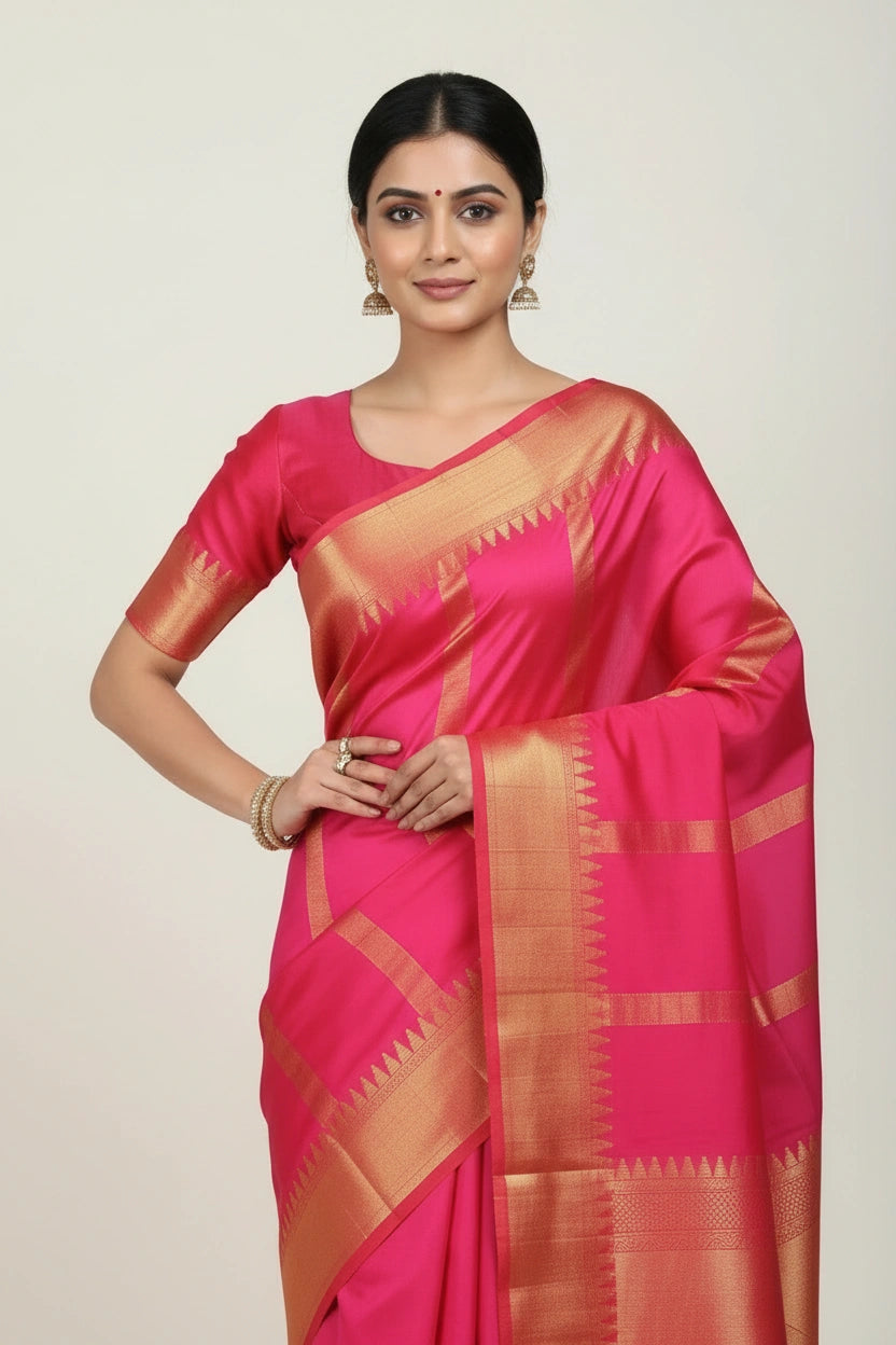 South Silk Saree with Temple Piping Border and Zari Work - View 4 | Rangoli