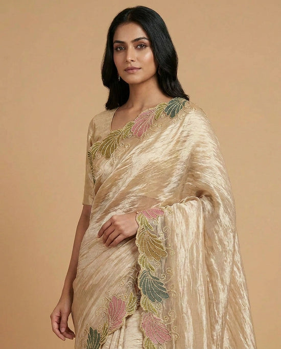 Tissue Saree with Fine Hand-Embroidered Zari Motif Work view 2