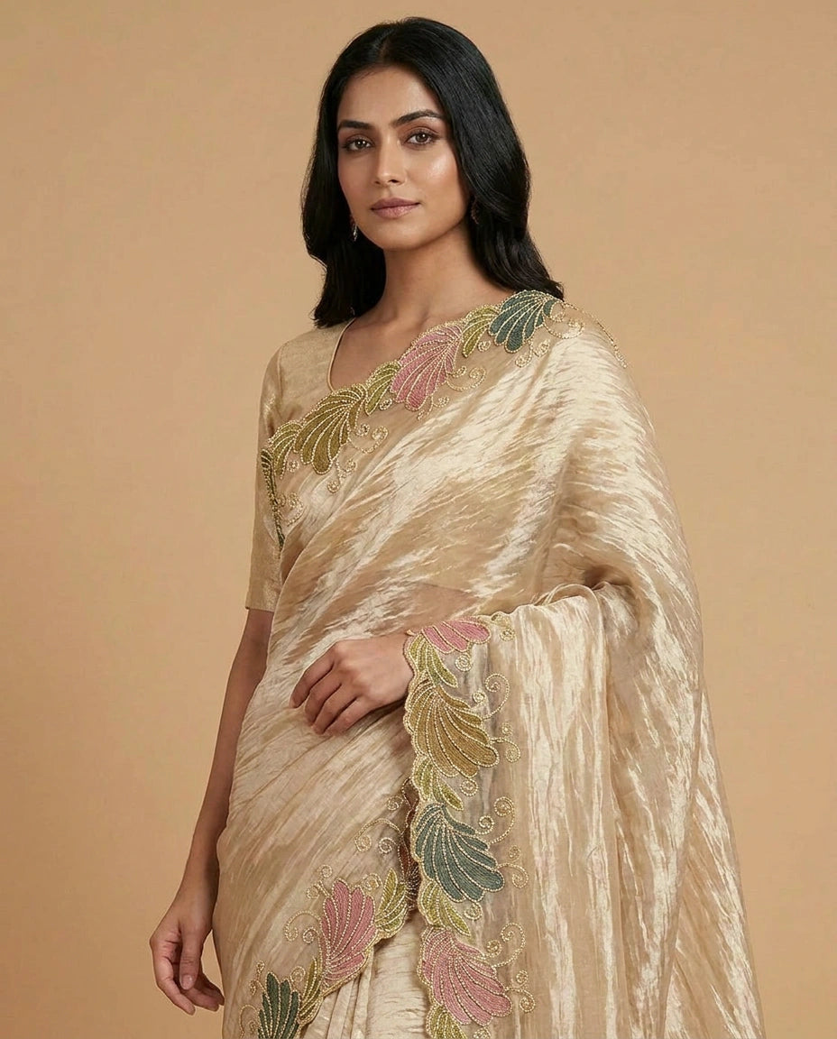 Tissue Saree with Fine Hand-Embroidered Zari Motif Work view 2
