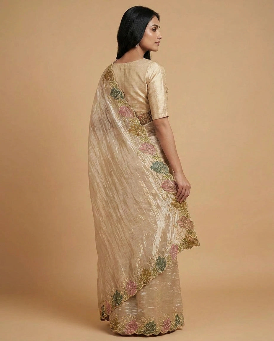 Tissue Saree with Fine Hand-Embroidered Zari Motif Work view 3