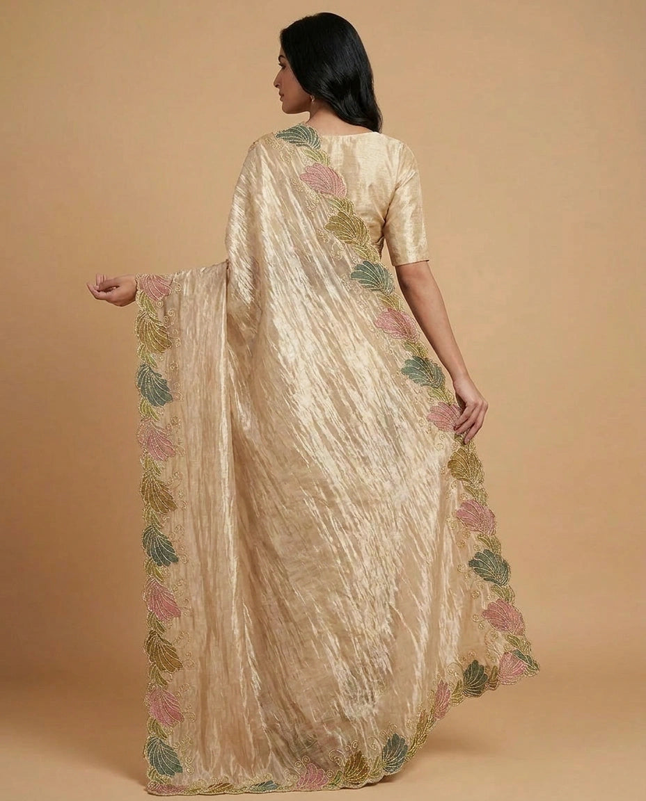Tissue Saree with Fine Hand-Embroidered Zari Motif Work view 4
