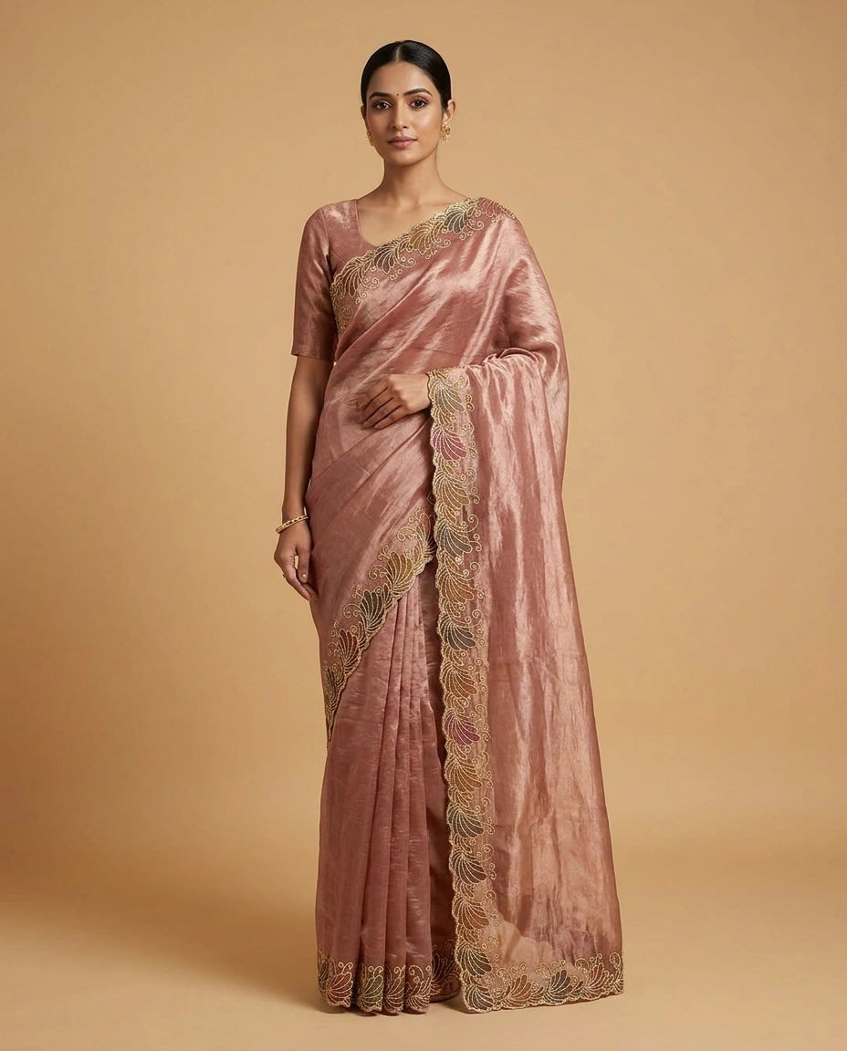 Tissue Saree with Fine Hand-Embroidered Zari Motif Work view 5