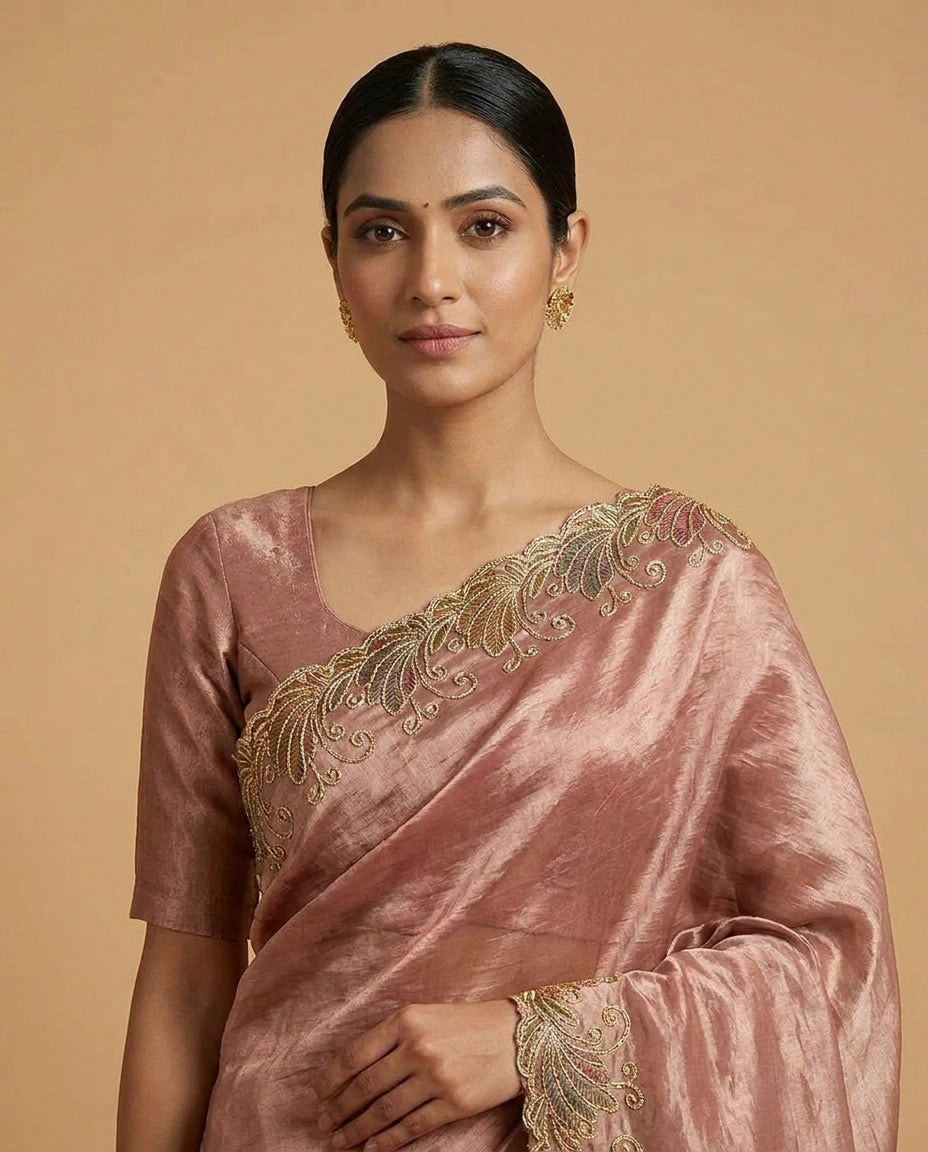 Beige Tissue Saree with Fine Hand-Embroidered Zari Motif Work - Rangoli India