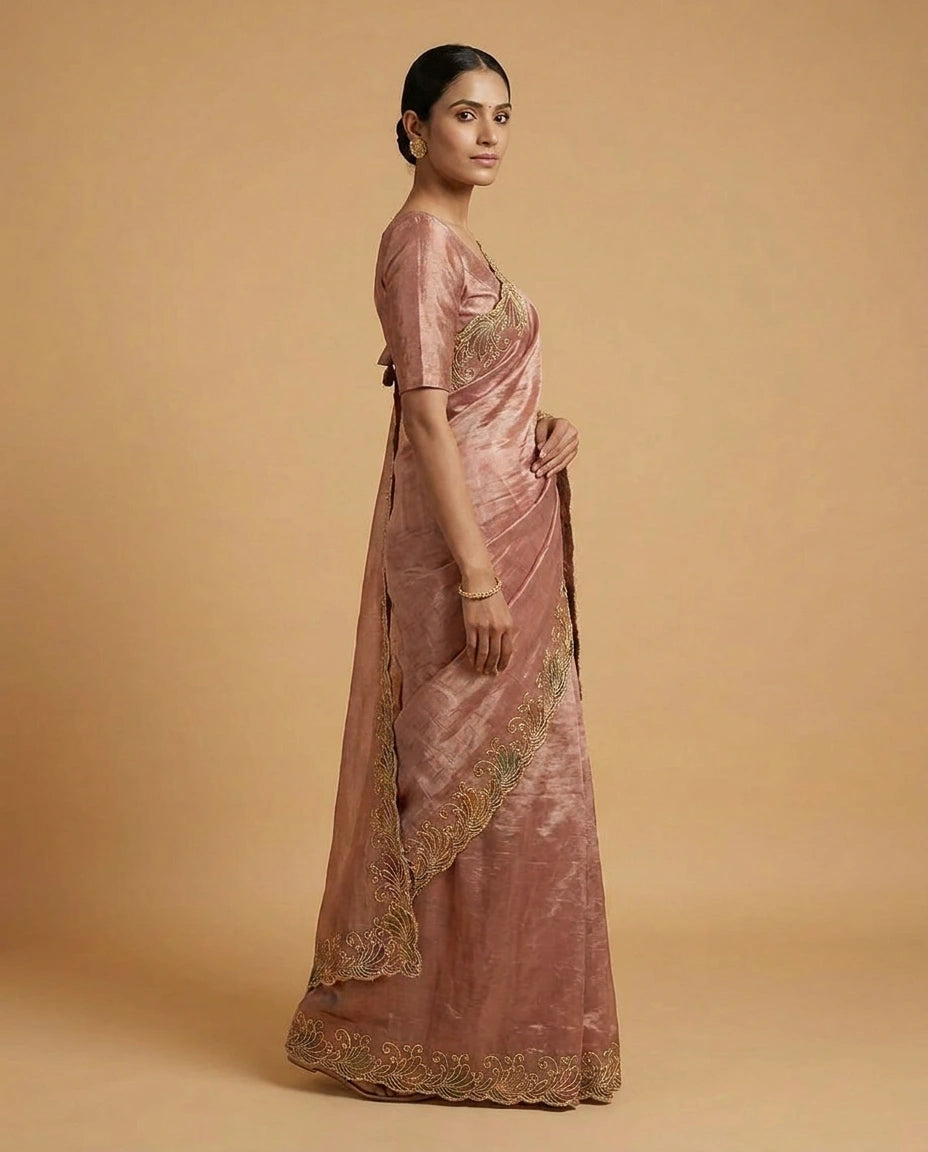 Tissue Saree with Fine Hand-Embroidered Zari Motif Work by Rangoli