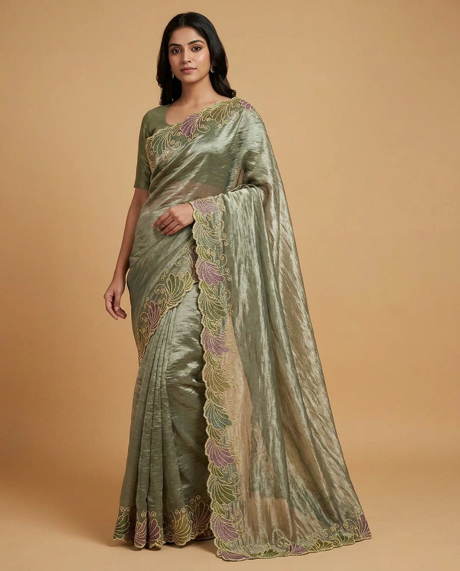 Tissue Saree with Fine Hand-Embroidered Zari Motif Work by Rangoli