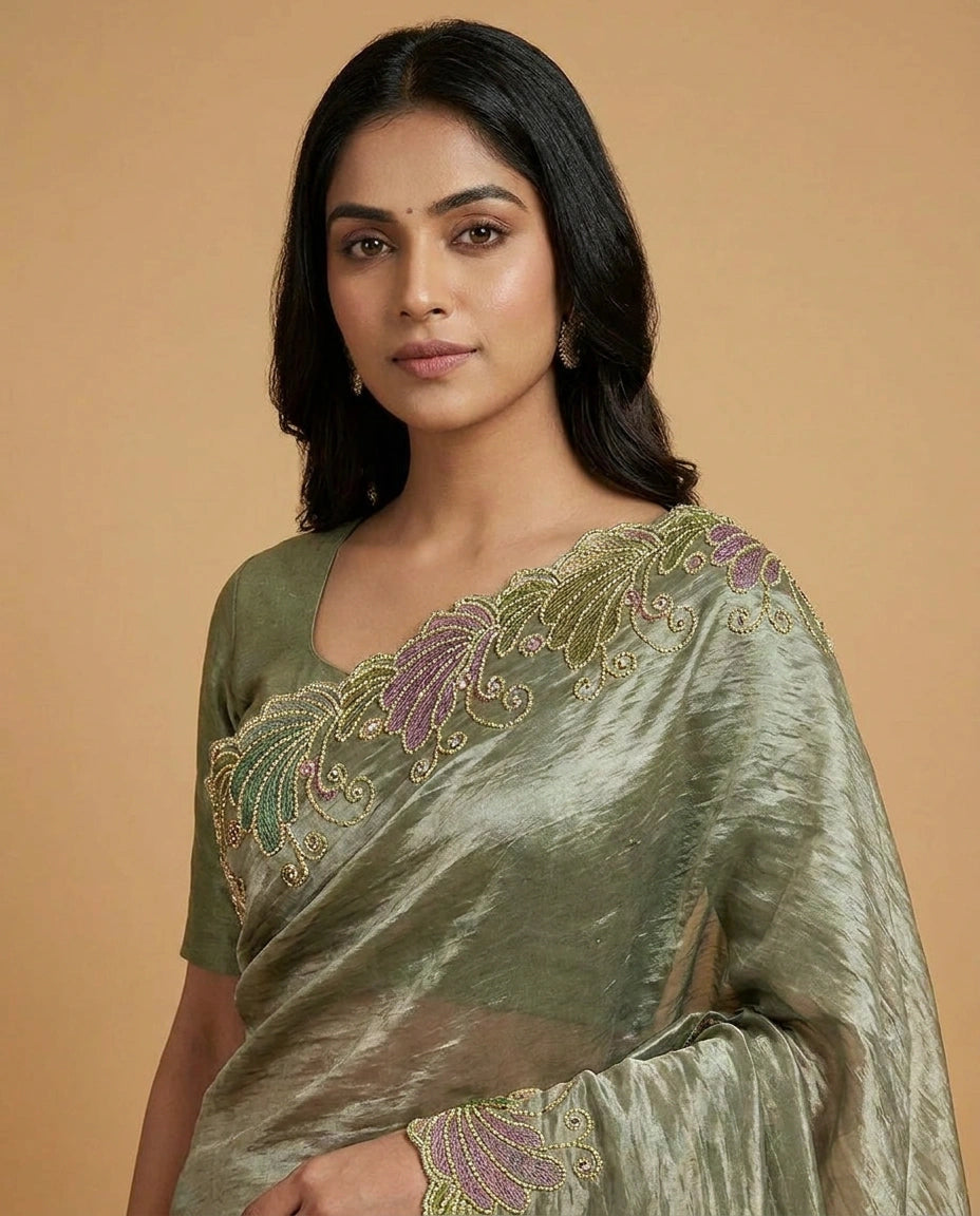 Beige Tissue Saree with Fine Hand-Embroidered Zari Motif Work - Rangoli India