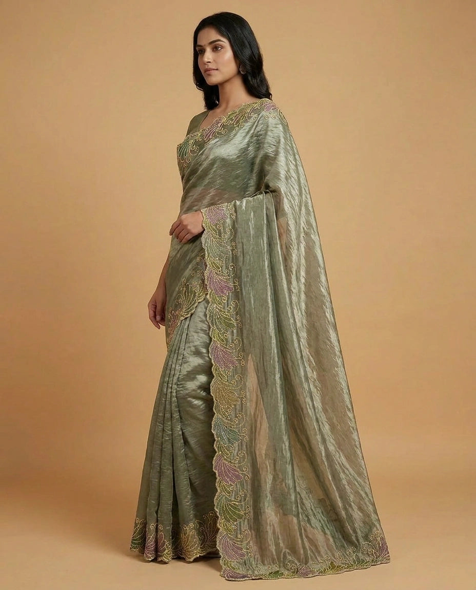 Beige Tissue Saree with Fine Hand-Embroidered Zari Motif Work - Rangoli India
