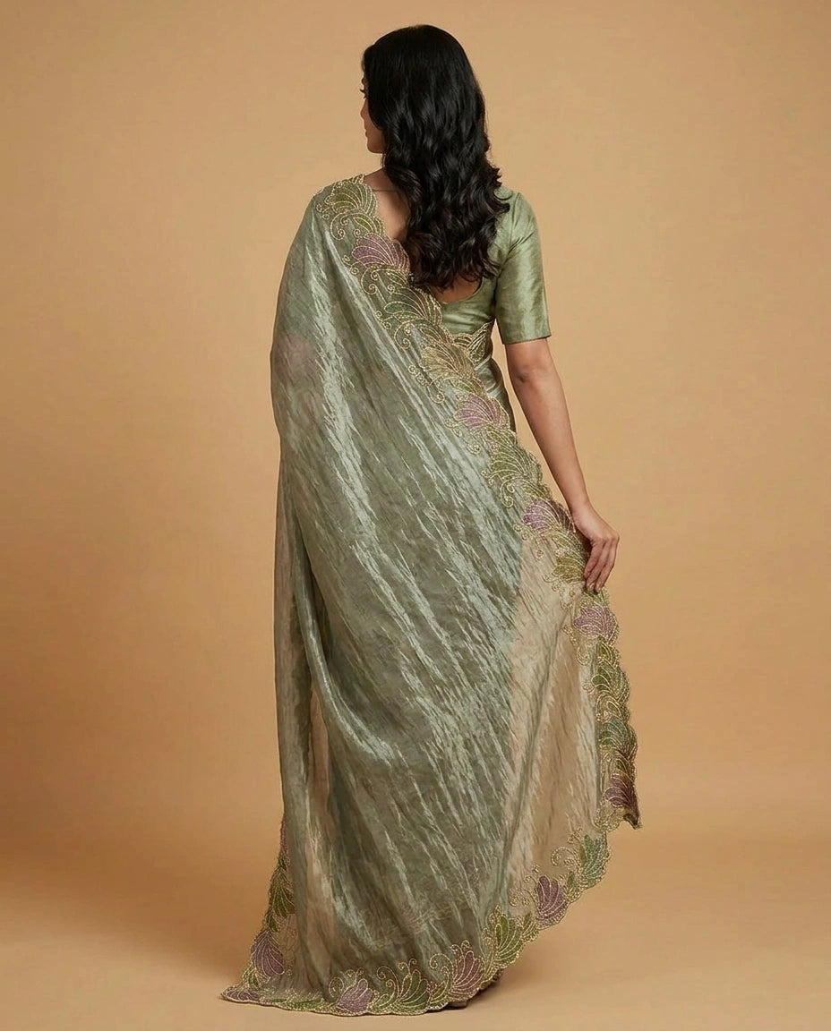Tissue Saree with Fine Hand-Embroidered Zari Motif Work by Rangoli