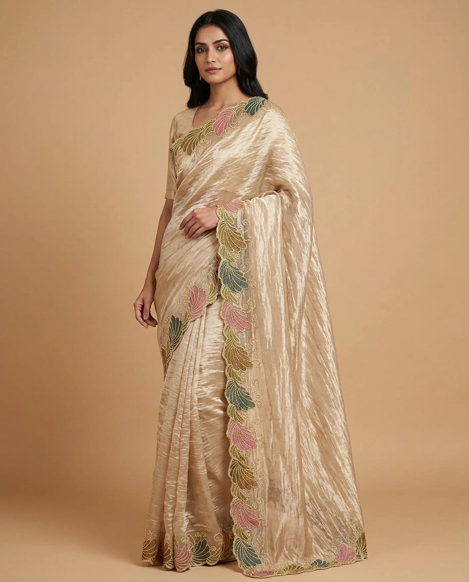 Off White Tissue Saree with Fine Hand-Embroidered Zari Motif Work