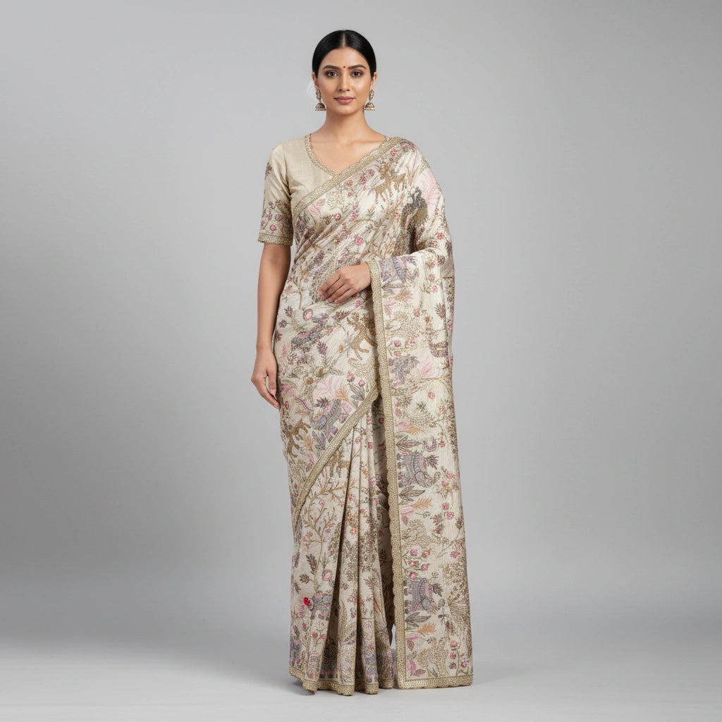 Embroidered Silk Katan Saree with Designer Work