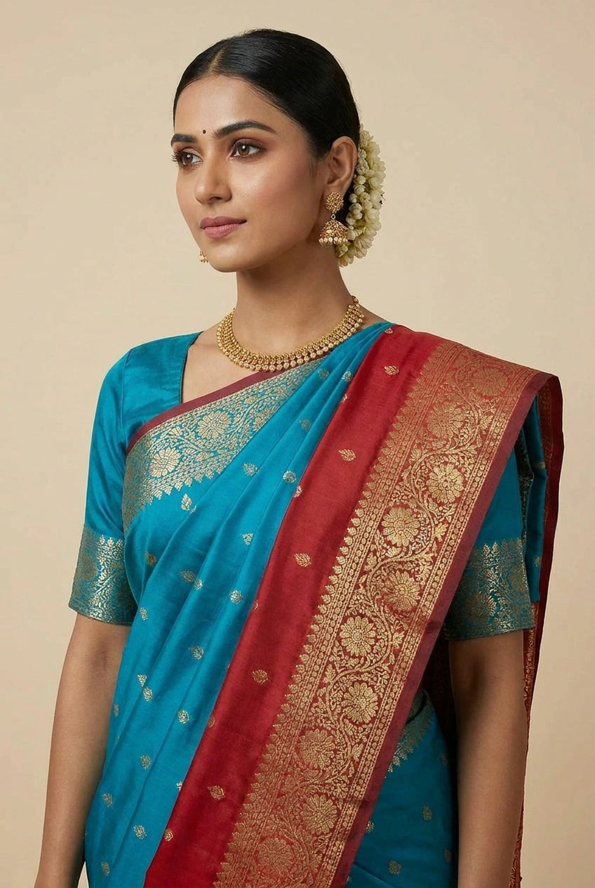Handcrafted Pure Silk Katan Banarasi Silk Saree - Firozi Blue | Rangoli