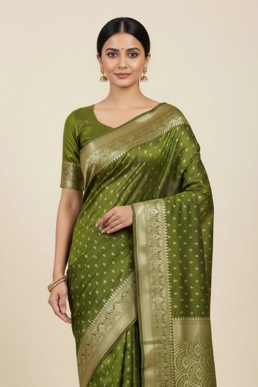 Handcrafted Pure Silk Katan Banarasi Silk Saree - Mehandi | Rangoli
