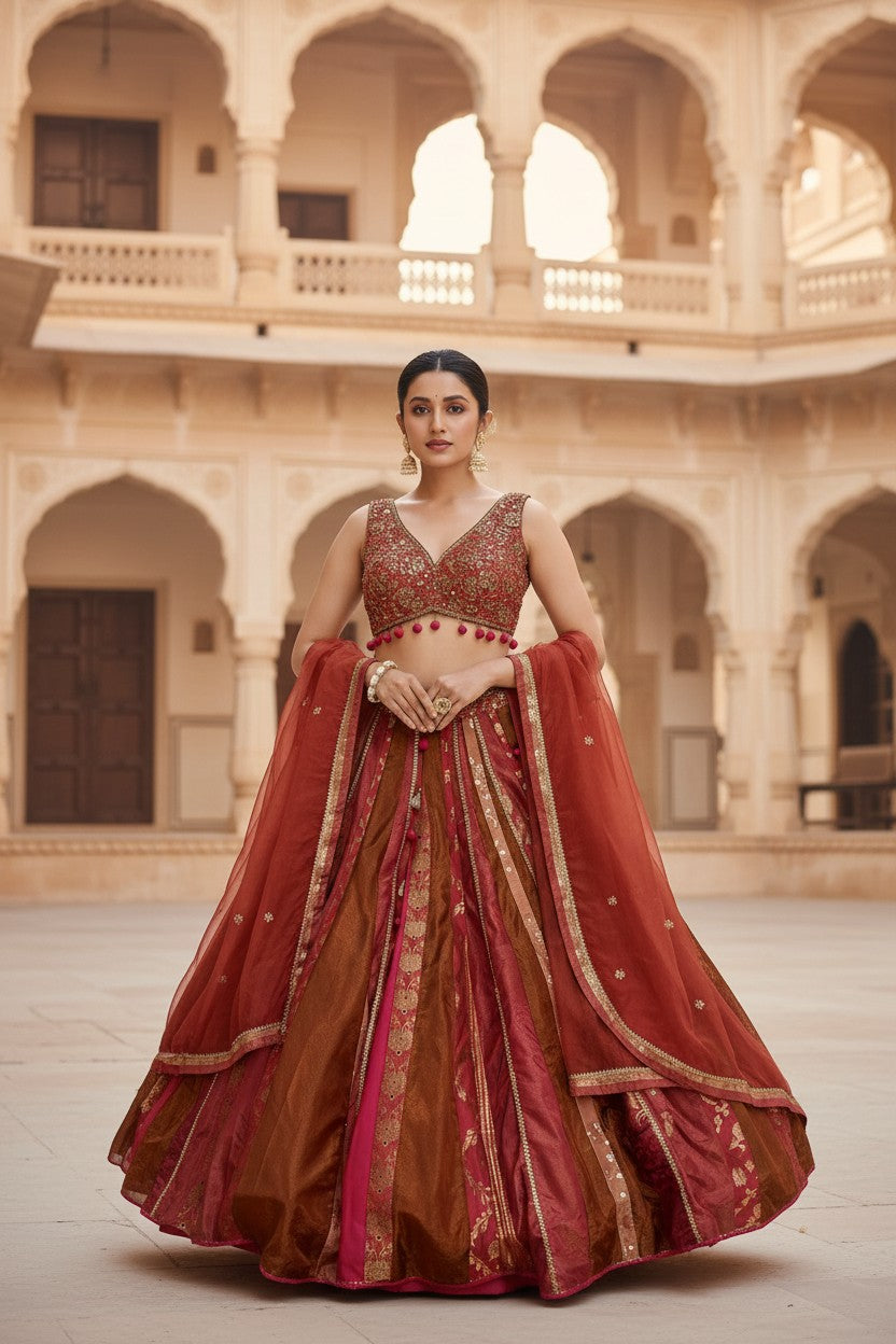 Coral Silk Banaras Lehenga Set with Mirror Embroidery for Wedding Wear