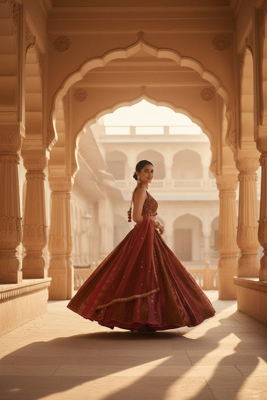 Coral Silk Banaras Lehenga Set with Mirror Embroidery for Wedding Wear