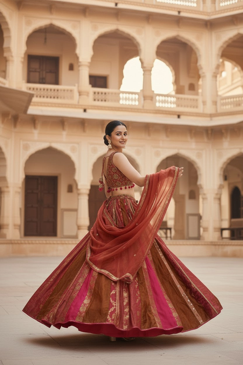 Coral Silk Banaras Lehenga Set with Mirror Embroidery for Wedding Wear
