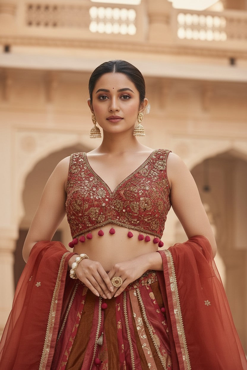 Coral Silk Banaras Lehenga Set with Mirror Embroidery for Wedding Wear