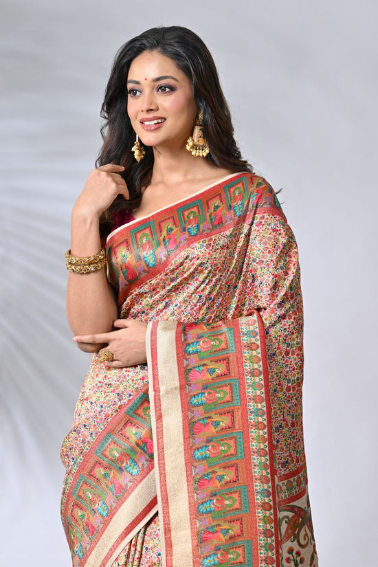 Beige Dola Silk Saree - silk; cotton Indian ethnic wear by Rangoli