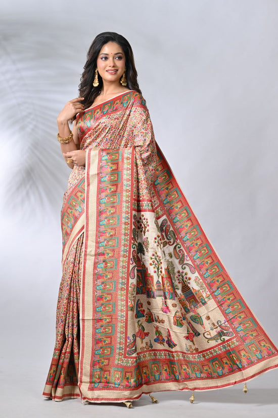 Beige Dola Silk Saree - silk; cotton Indian ethnic wear by Rangoli