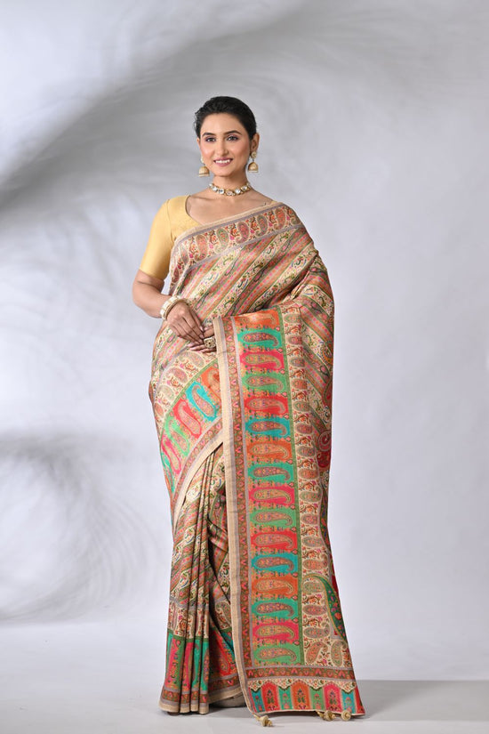 Beige and Maroon Pashmina Mashru Silk Saree