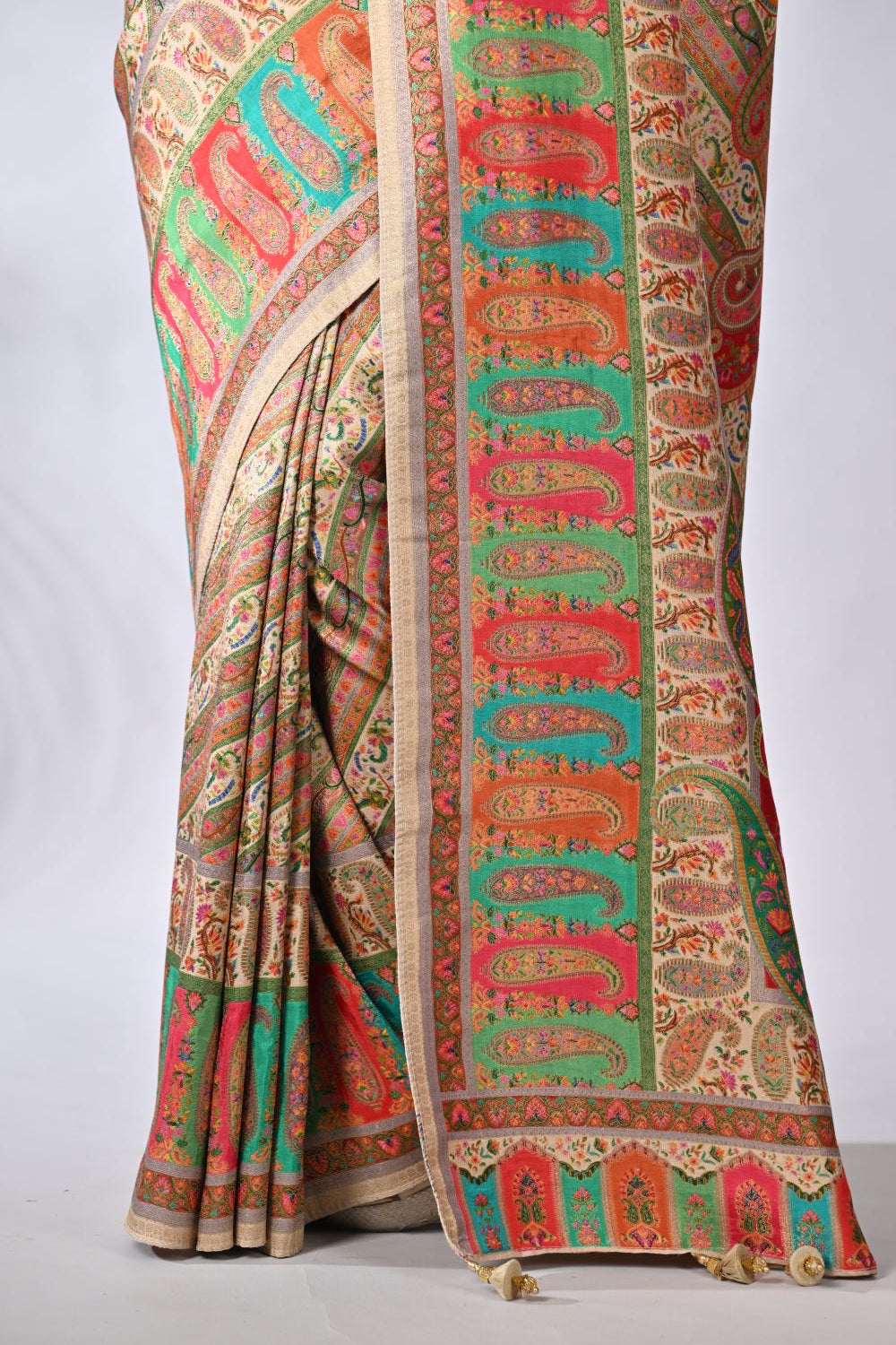 Beige and Maroon Pashmina Mashru Silk Saree