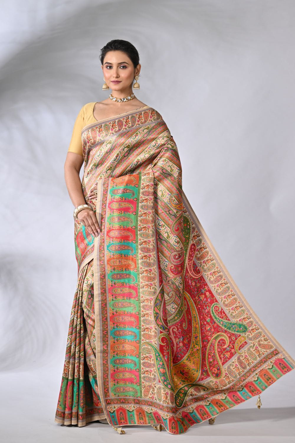 Beige and Maroon Pashmina Mashru Silk Saree
