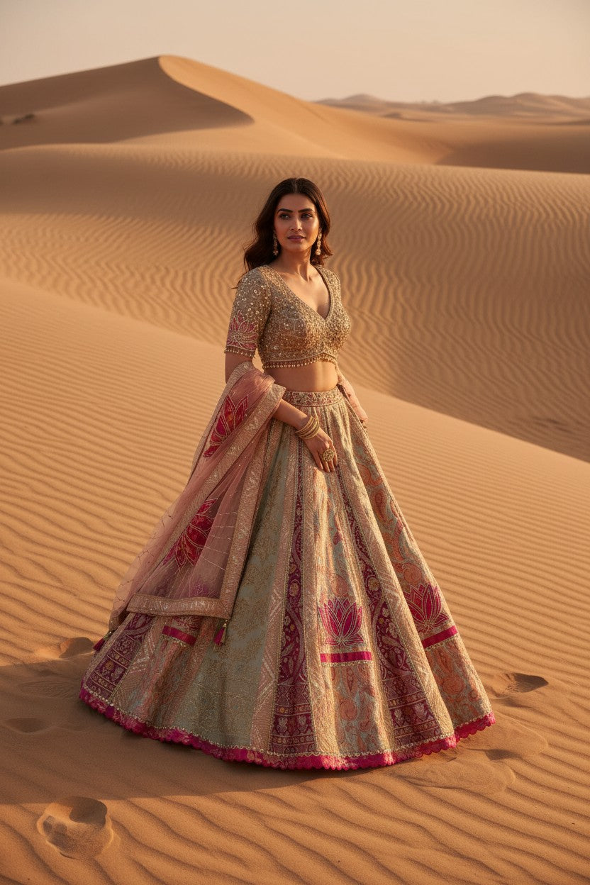 Multi Silk Katan Lehenga Set with Brocade Border for Bridal Wear
