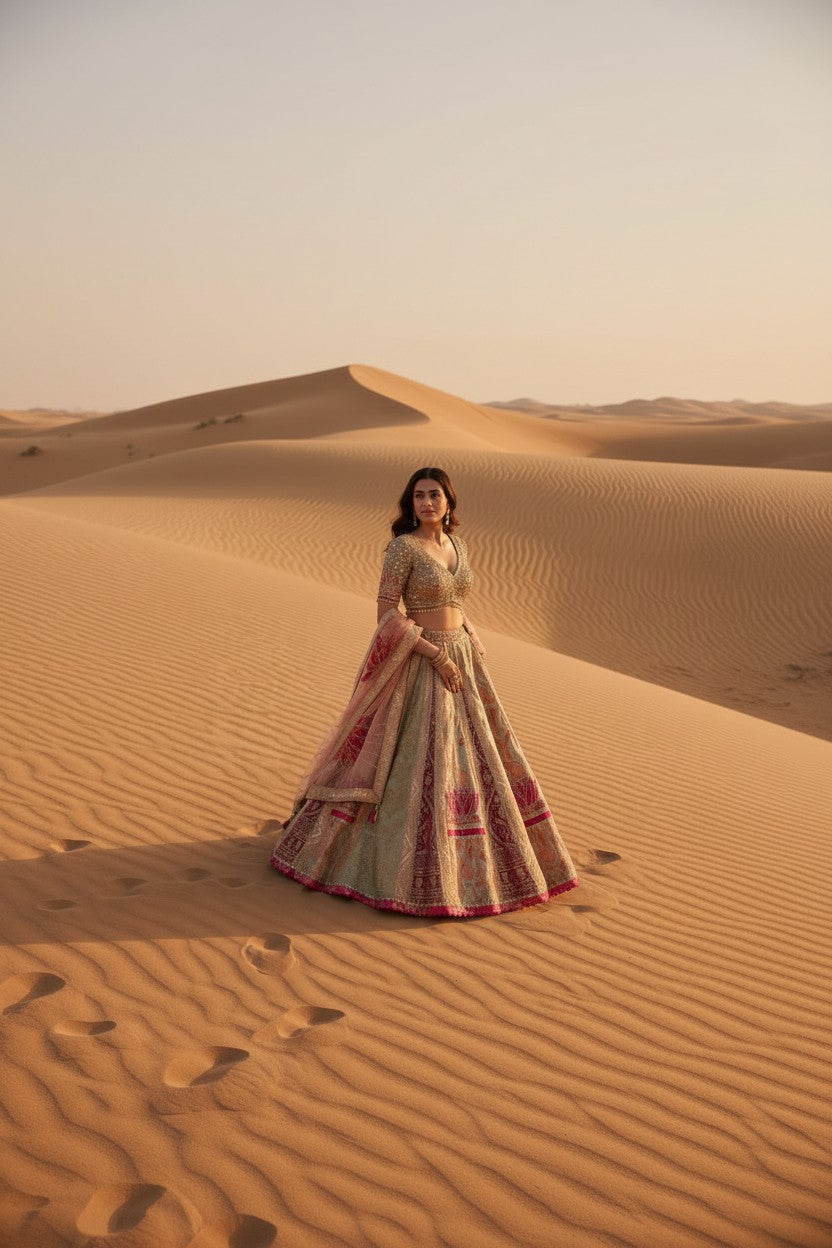 Multi Silk Katan Lehenga Set with Brocade Border for Bridal Wear