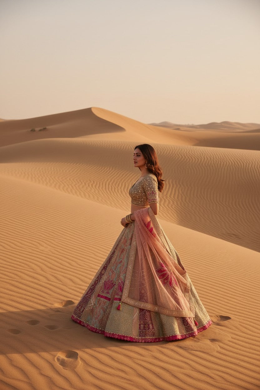 Multi Silk Katan Lehenga Set with Brocade Border for Bridal Wear